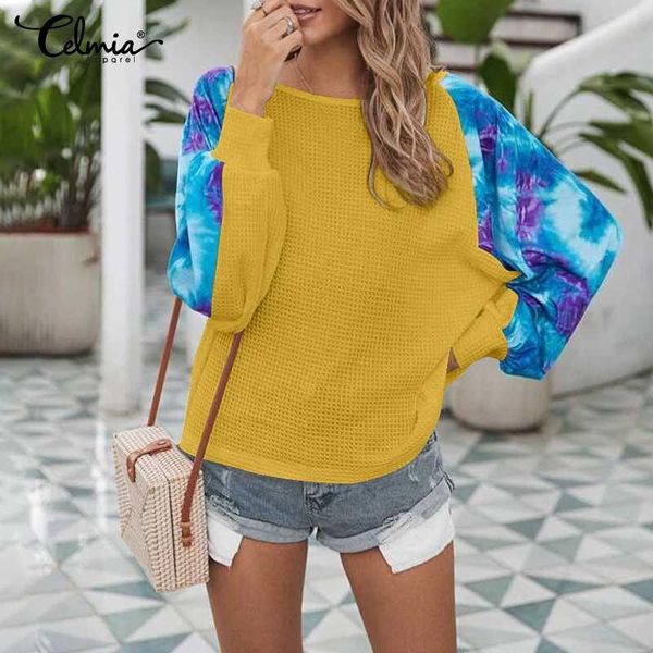 

women's t-shirt celmia tie-dye print for women fashion street patchwork casual loose long sleeve tees female top, White