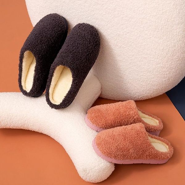 

slippers comfortable pure color winter men women warm plush non-slip on flat couples soft shoes ladies comfortale house, Black