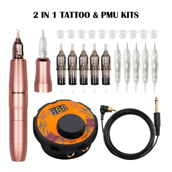 

tattoo guns kits est permanent makeup machine with 2 head rose gold microblading pen equipment 3d set