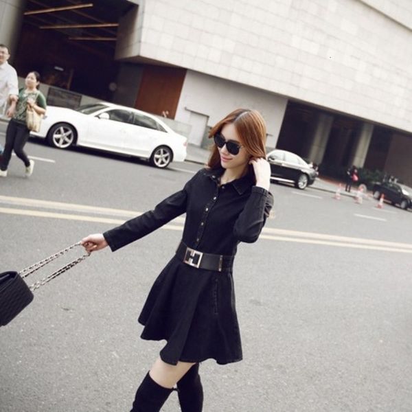 

casual dresses ladies of the elegant long sleeve denim thin dress fitting line black ribbons casual women's short skirts elastic shirt, Black;gray