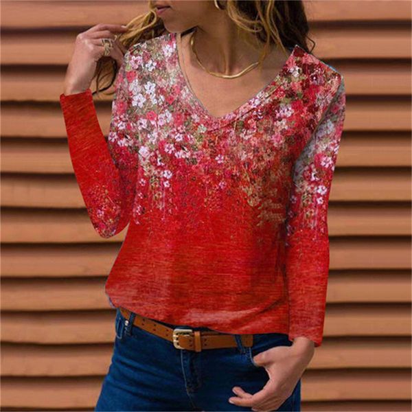 

ladies loose long-sleeved t-shirt v-neck sweatshirt floral print lady bottoming shirt autumn 4753, White