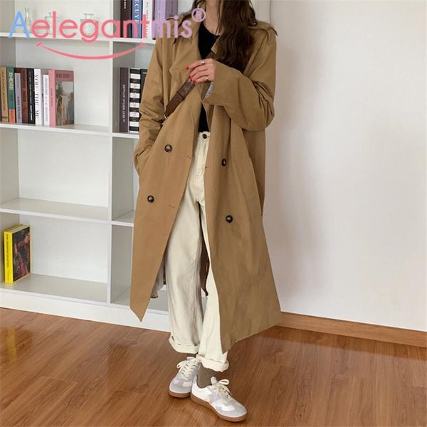 

aelegantmis women casual long trench coat single breasted women windbreaker loose 2021 chic office coat ladies korean outwear, Tan;black
