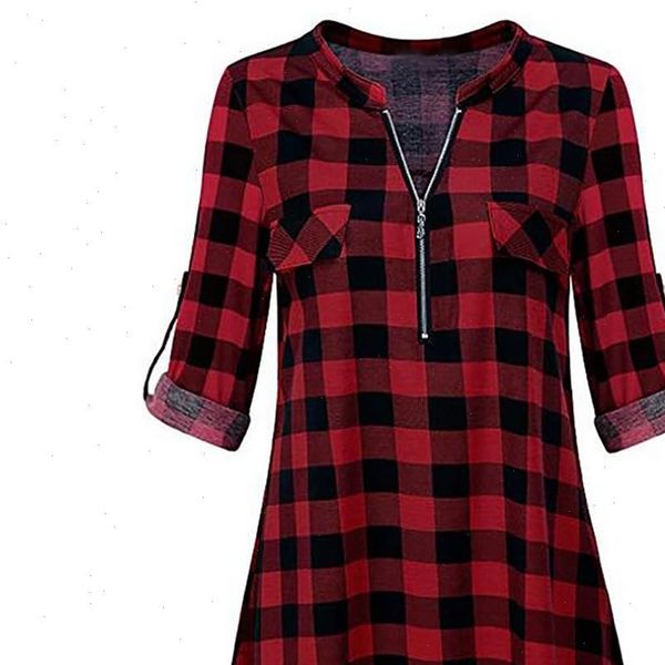 

new womens zipped plaid blouse v neck casual female long sleeve tunic ladies plus size clothes camisa feminina 30, White