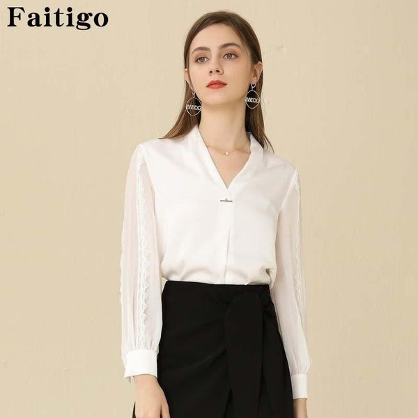 

women's blouses & shirts solid color v-neck lace sleeve chiffon blouse women autumn long elegant office lady loose fit blusas elegante, White