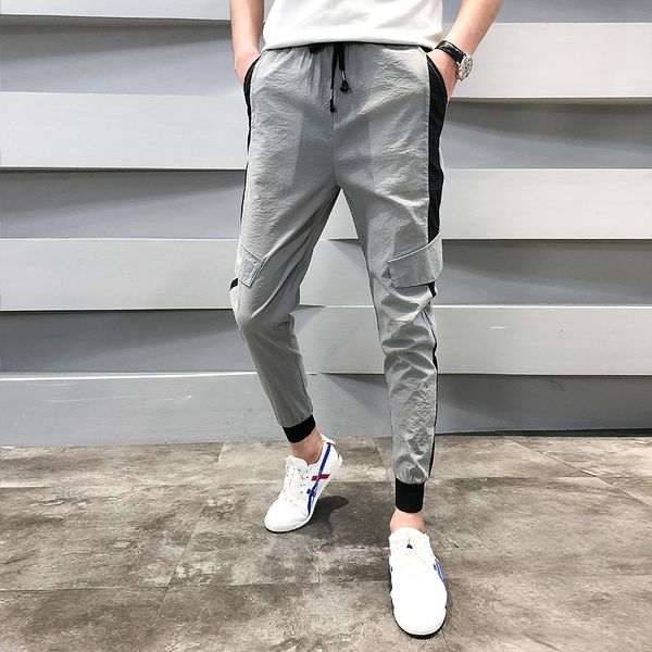 

2021 new korea fashion of summer clothes men casual slim fit thin side track decorating men's pants plus size 36-28 cwis, Black