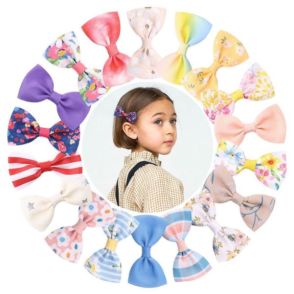 

120pc/lot newborn baby girls floral prints hair bow hair clips,2.75" ribbon bows barrettes girls hairpins hair accessories, Slivery;white