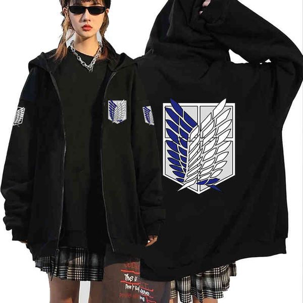 

japane anime shingeki no kyojin cosplay costume attack on titan hoodi harajuku zipper sweatshirt oversized, Black
