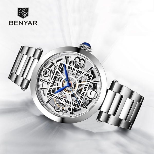 

wristwatches benyar automatic men's watches men mechanical stainless steel skeleton watch relogio masculino, Slivery;brown