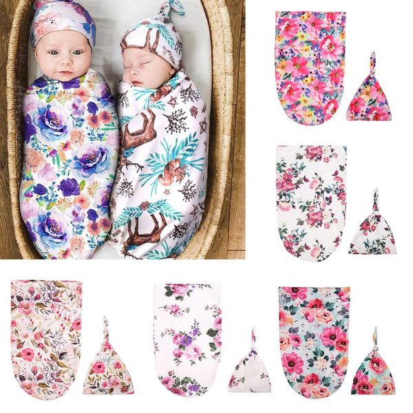 

hair accessories 2pc baby cotton blanket with hat swaddles wrap outfits fashion infant born flower print sleeping wrap+turban set, Slivery;white