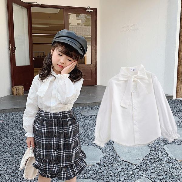 

shirts baby girls korean bow tie girl blouse fashion toddler kids white shirt high-quality cotton long sleeves spring 2021, White;black