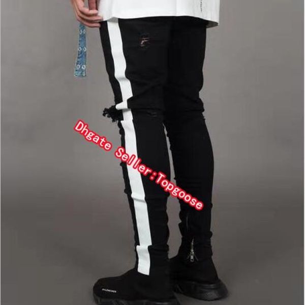 

new fashion mens jean street black holes white stripes jeans hiphop skateboard pencil pants, Blue