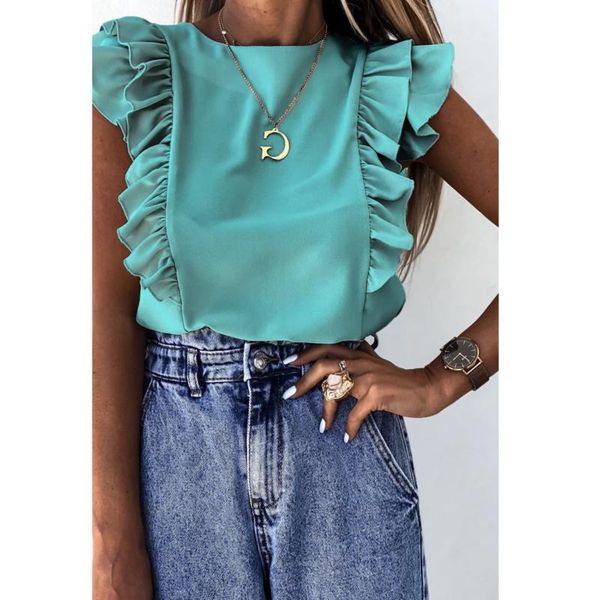 

women's blouses & shirts 2021 women summer blouse stylish ruffles solid chic slim casual short sleeve round neck blusas, White