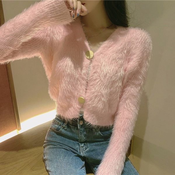 

2021 autumn winter pink/white sweater for women long sleeve single breasted sweet cardigan female v-neck short knitted ewvh, White;black