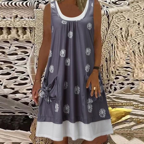 

women's swimwear vintage sleeveless beach dress bohemian neckline floral print a-line with pocket loose plus size dresses, White;black