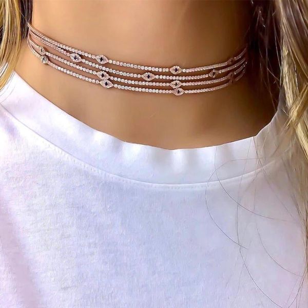 

chokers cute tennis chain evil eye necklace choker wholesale statement charm blue crystal rhinestone collar for women jewelry, Golden;silver