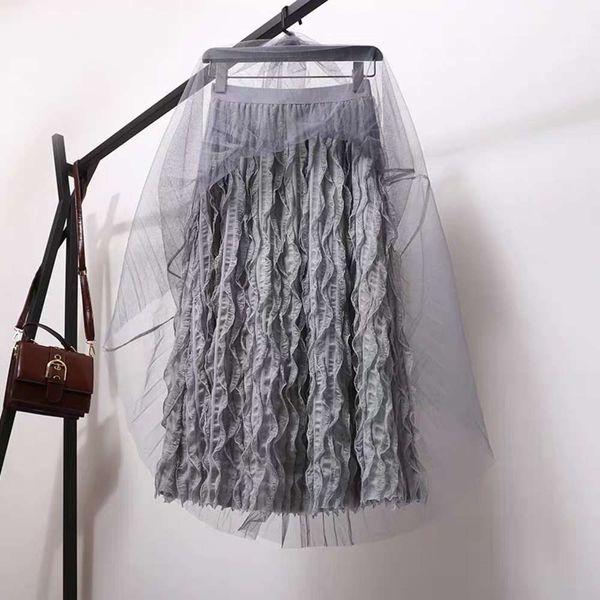 

popular lace new mid style pleated fashionable length mesh half fairy four seasons skirt in autumn and winter hot, White;black