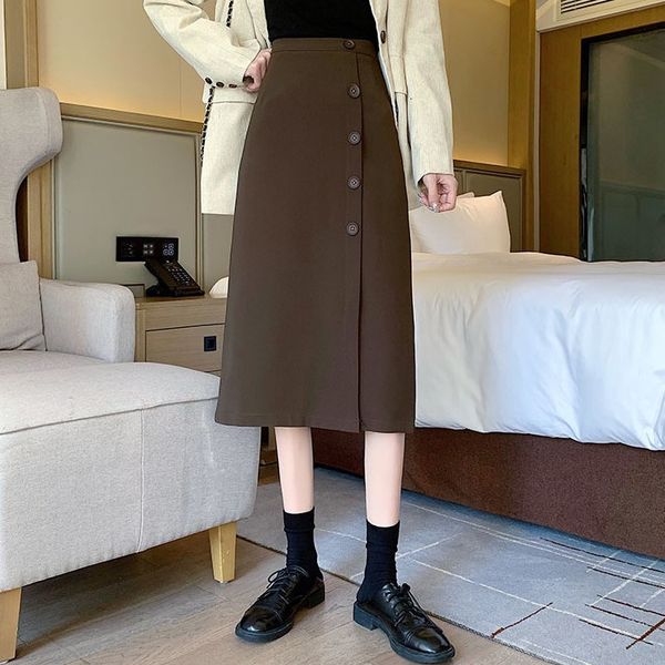 

women new 2021 autumn winter wool skirt vintage solid high waist button slim office lady a line female skirts faldas a29764to, Black