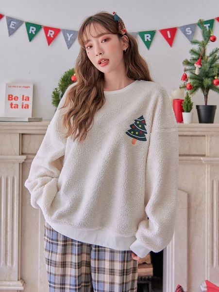 

dazy christmas tree embroidered drop shoulder teddy pullover z3be#, White;black