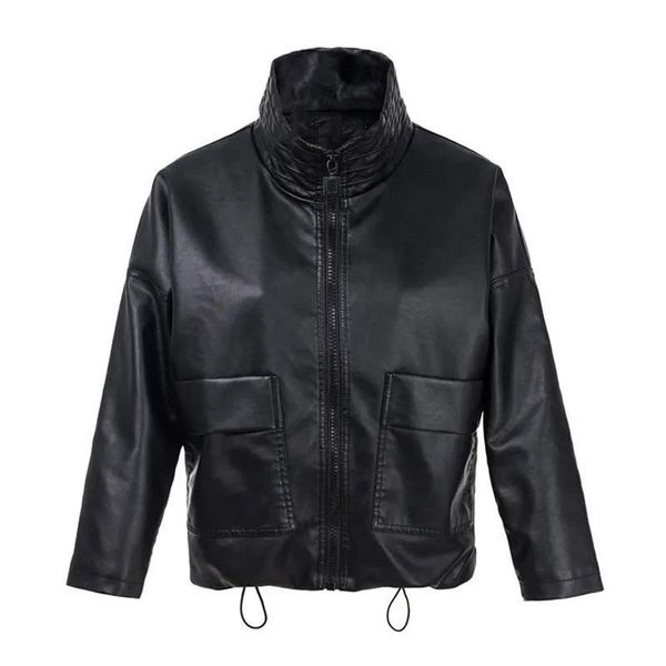 

women's leather & faux 2021 spring autumn jacket imitation sheep outwear short loose zipper pu jackets female coat, Black