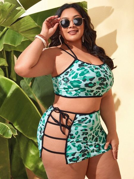 

plus leopard bikini swimsuit with beach skirt g2tg#, Black