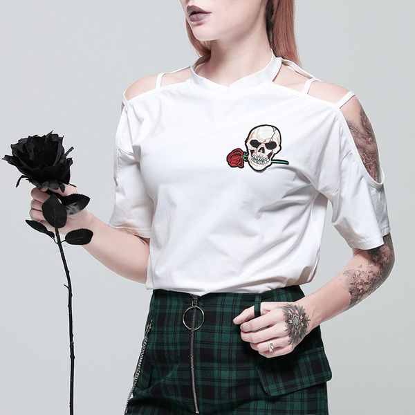 

2021 new cool embroidery skull white t shirt women gothic cotton cold shoulder short sleeve tshirt streetwear basic c377 rhw1