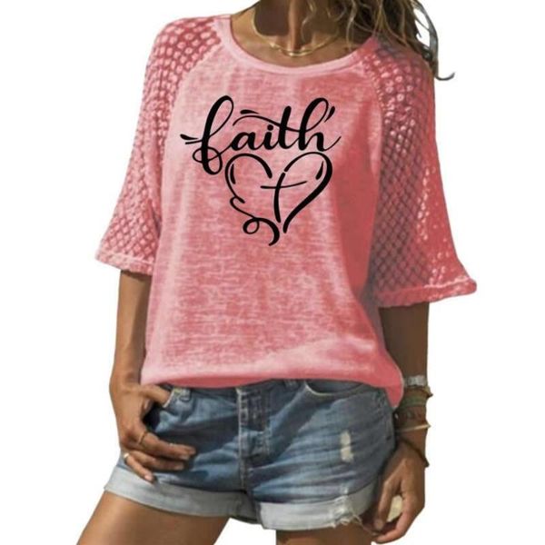 

women's t-shirt faith letters print loose for women 3/4 sleeve crew neck leisure t shirt summer cropped, White