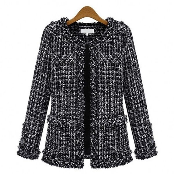 

autumn winter black white plaid loose short coat women vintage o neck long sleeve tassel tweed coat plus size ladies jacket coat 210218