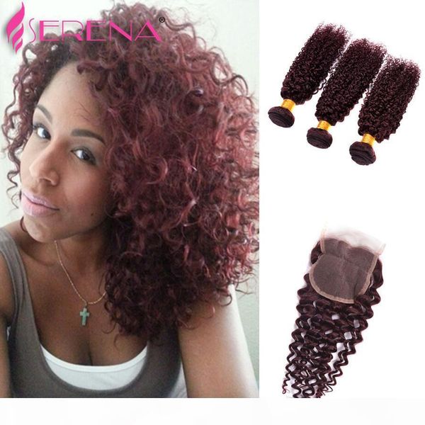 

7a grade peruvian 3 bundles 99j deep curly hair burgundy deep wave human hair weaves wine red peruvian virgin hair with closure extensions, Black;brown