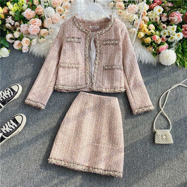 

autumn winter sets fashion temperament o neck pearl tweed woolen coat long sleeve wrap hip mini skirts ol korean fashion beading 210610, White