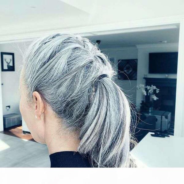 

ponytail wrap clip in human hair extensions color salt and pepper sunset gray brazilian human hair straight wave 100g per pack, Black