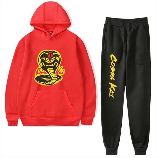 

set cobra kai red men tracksuit sweatshirt and black pants womens sportswear boys girls casual hooded clothing, Gray