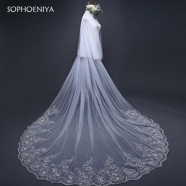 

bridal veils 2021 arrival exquisite cathedral big tail two layer with comb 3 meters long lace polyester wedding accessories, Black