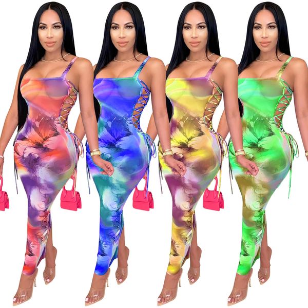 

tie dye print maxi long dress women mesh see though club dress spaghetti strap dress lace up side maxi bodycon, Gray