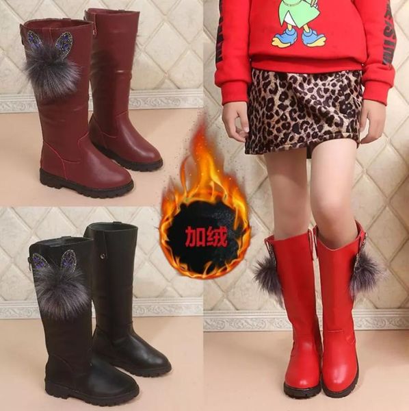 

boots children knee length plush fur girls shoes fashion 2021 autumn winter princess snow, Black;grey