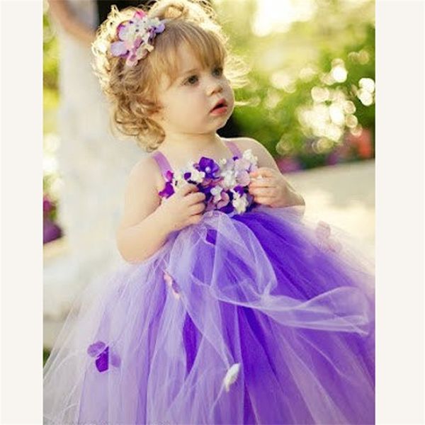 Petites filles fleurs violettes longue tutu robe enfants crochet tulle bretelles robe robe de bal avec bandeau enfants fête de mariage tutus 210303