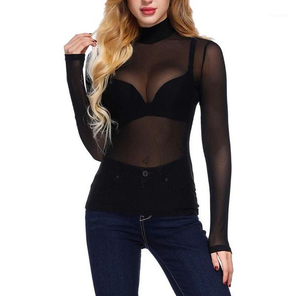 

women's blouses & shirts women mesh fish net blouse ladies slim long sleeve turtle neck see-through black pink club shirts#p5, White