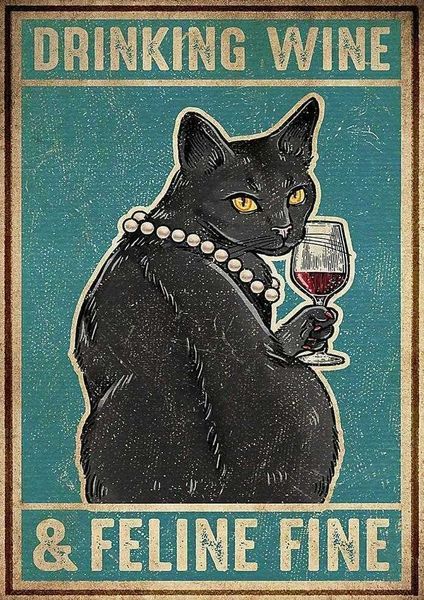 Poster preto do gato do sinal de lata do vinho bebendo e pintura fina felina do ferro da pintura do vintage para o clube do bar do bar H0928