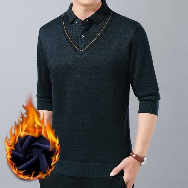 

middle-aged men's plus velvet thick warm sweater business casual knitted fake two-piece woolen sweater male classic pullover 210531, White;black