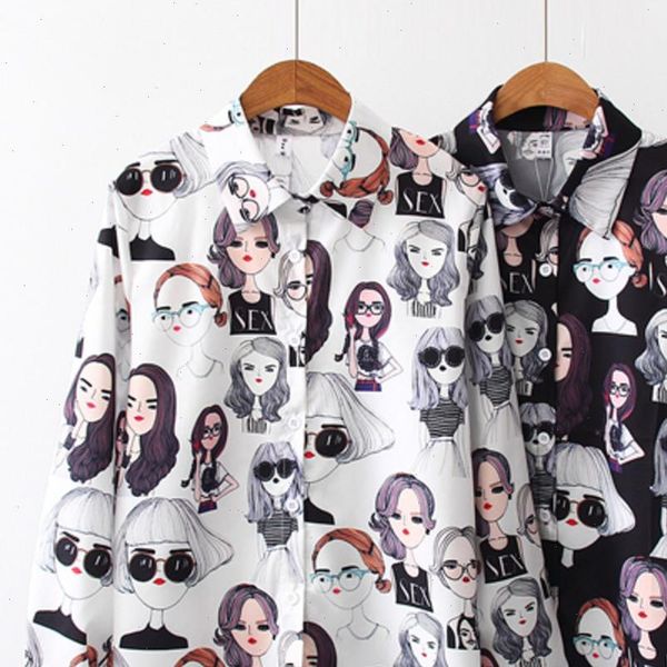 

retro beauty print long sleeve blouse chic shirt womens blouses 2021 full sleeve blouse women turn down collar shirt, White