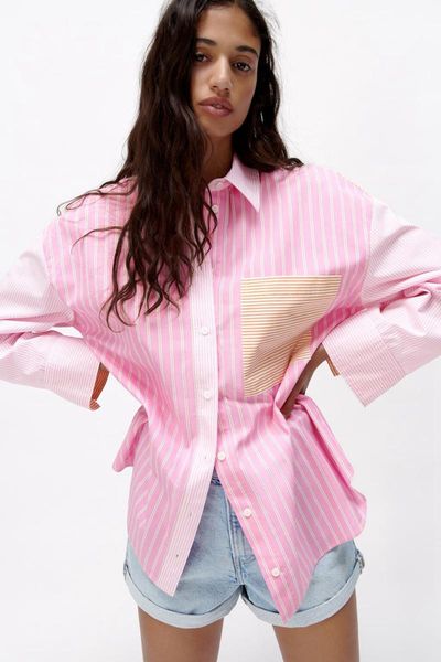 

women's polos european and american summer trend long-sleeved pocket poplin striped casual shirt women, White
