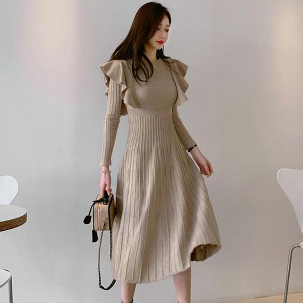 

casual dresses 2021 autumn women korean knitted elastic midi ruffle dress knit o neck a-line sashes long sleeve sweaters, Black;gray