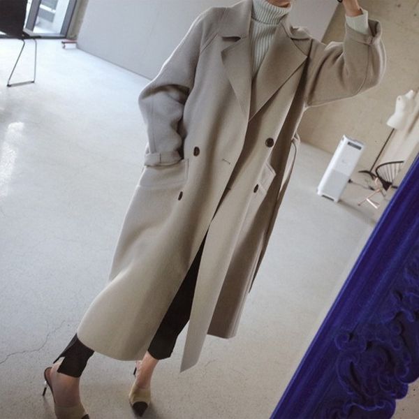 

2021 new atumn coat female beige elegant wool blend korean long winter coats women vintage woolen oversize outwear oa7u, Black