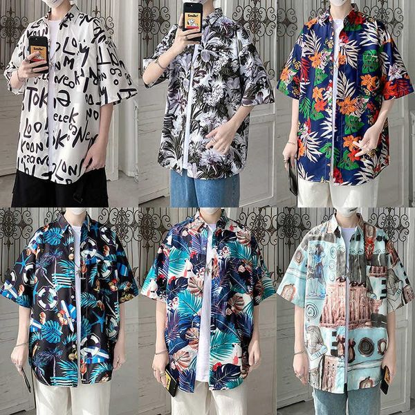 

men's dress shirts hawaiian couple flower shirt hong kong style trend summer leisure loose beach holiday floral short sleeve camisa, White;black