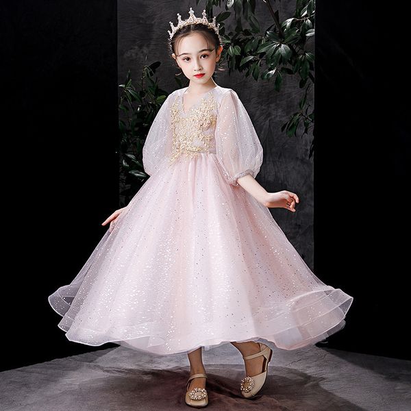 

girls dress net gauze tutu skirt v-neck sequin party dress net gauze lantern sleeve communion princess dress, White;pink