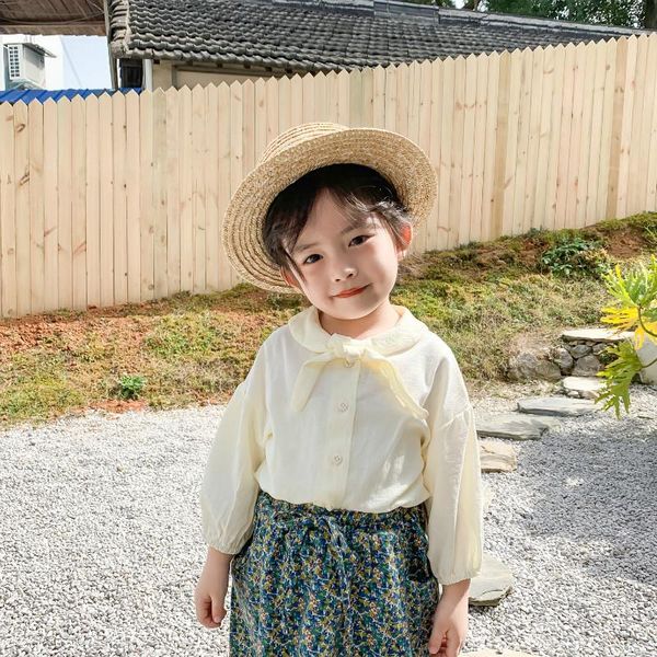 

shirts spring 2021 girls cotton linen bow-tie kids fashion all-match casual long shirt clothes tees 1-5y, White;black