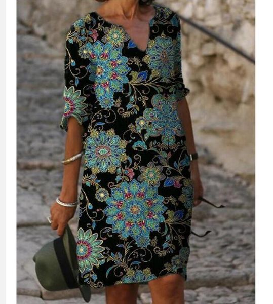 

new women printing dress summer v-neck half sleeve a-line dresses female retro litera vintage loose dress vestidos 210309, Black;gray