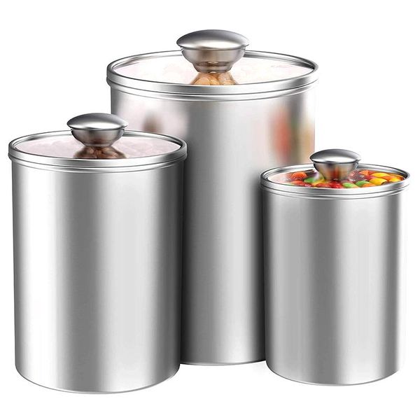 

airtight canisters sets for the kitchen counter, 3-piece stainless steel storage container with clear glass lids for coffee