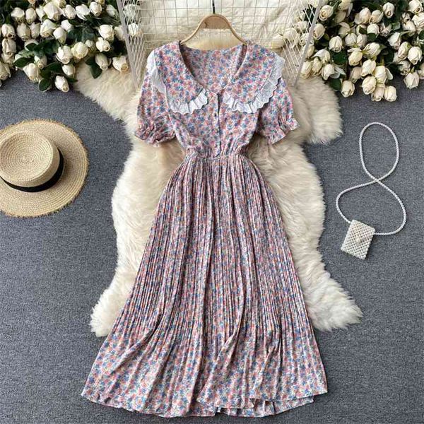 

sweet lace splicing turn down collar short sleeve summer dress women fashion floral print elastic waist pleated chiffon 210603, Black;gray