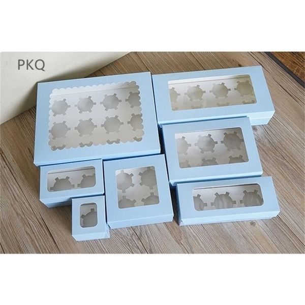 30 stücke Großhandel Papier Kuchen Box Blau/Braun Kraft 1/2/3/4/6 Loch Cupcake Verpackung hochzeit Geburtstag Party Karton 210724