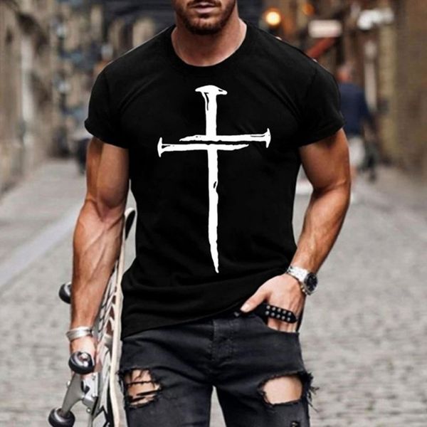

2021 summer new 3d personalized printing cross men's short sve t-shirt 7dtj, White;black